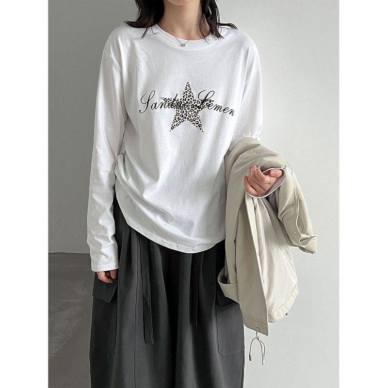 Luxi Vintage Leopard Print Star Print Long Sleeve T-Shirt for Women, 100% Cotton, Versatile Commuting Base Top, 26 Autumn 21101