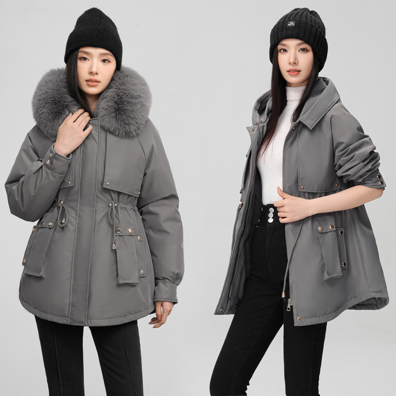 New-style Overcoming Women's Middle School Long Inner fleece-lined Hooded Big Fur Neck Solid Color Elegant Slim-fit Cold-proof Clothing for Three Wearing New-style Overcoming Women's Middle School Long Inner fleece-lined Hooded Big Fur Neck Solid Color Elegant Slim-fit Cold-proof Clothing for Three Wearing