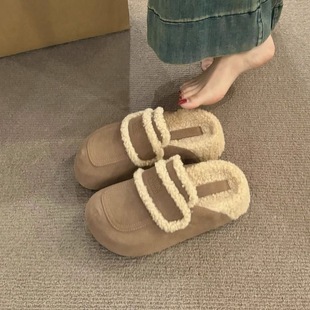 Thick-soled Slip-in Birkenan Shoes Baotou Lamb Mao Mao Half Slippers Women's Autumn and Winter Outer Wear 2024 New Cotton Slippers