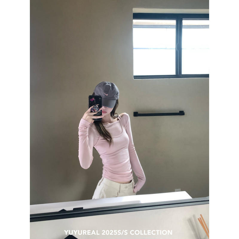 YUYUREAL 浅春系 天丝假两件修身上衣女春季设计感打底长袖T恤|undefined