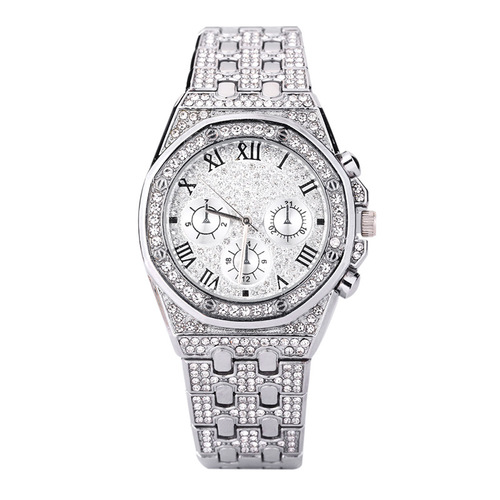 Cross-border foreign trade Gypsophila steel band with diamonds men's watch full of diamonds three eyes Roman numerals quartz watch