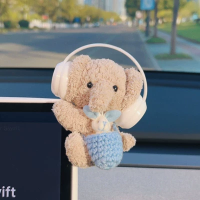 Car ornaments, Car Center Console Screen, Car - white-earphones-little-elephant-blue-bag-blue-rabbit-lying-ornaments