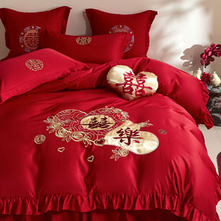 Llbed Skirt Wedding Four-Piece Summer Ice Silk Wedding Bedding Lace Quilt Cover Big Red Wedding Summer