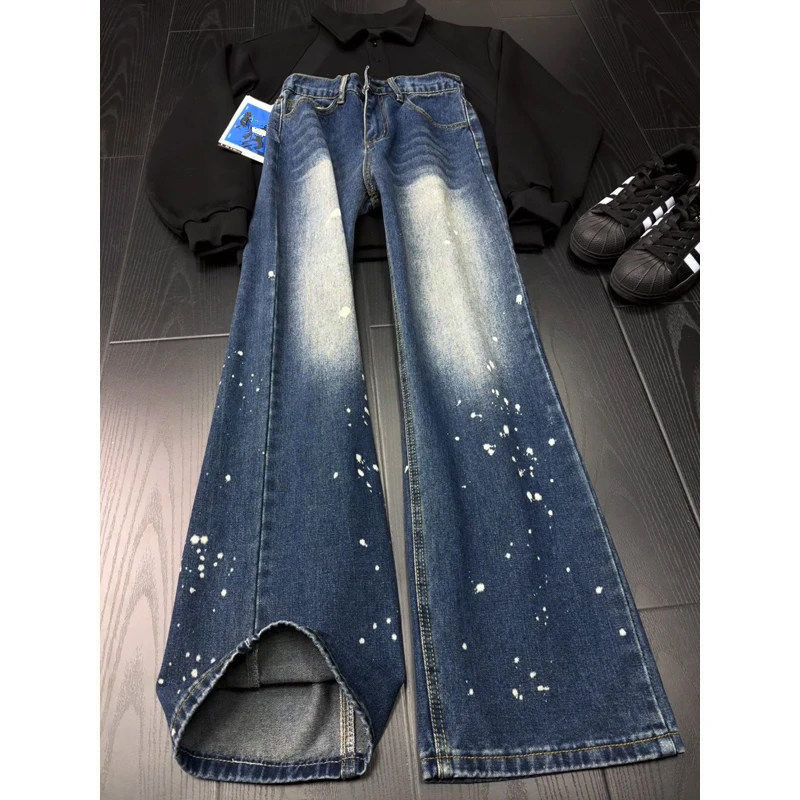 Men's Washed Black Straight Leg Jeans With Paint Splatter Print_voghion.com