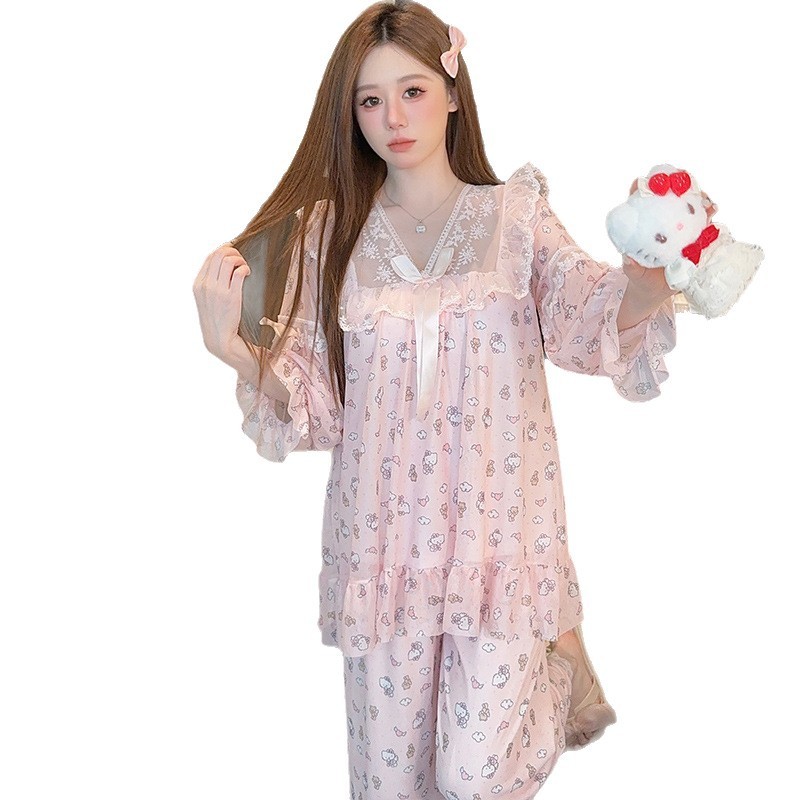 凌蕾春秋新款印花色蕾丝花边甜美宽松公主风网纱睡衣套装家居服|undefined