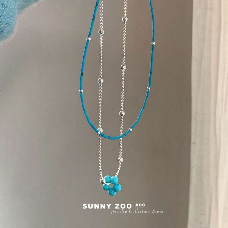 Minimalist Blue Floral Layered Necklace for Women, 2026 Spring/Summer New Style, Clavicle Chain with a Unique High-End Feel