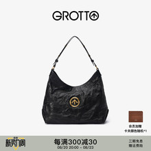 GROTTO个乐黑石Hobo大号无性别主义意大利植鞣羊皮斜挎单肩软包