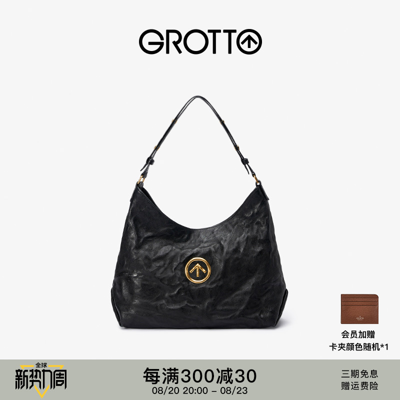 GROTTO个乐黑石Hobo大号无性别主义意大利植鞣羊皮斜挎单肩软包
