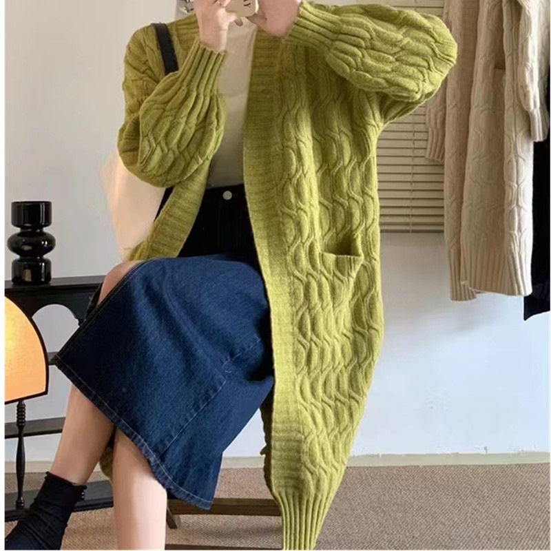中长款麻花毛衣外套女秋冬季新款宽松慵懒风纯色加厚长袖针织开衫|undefined