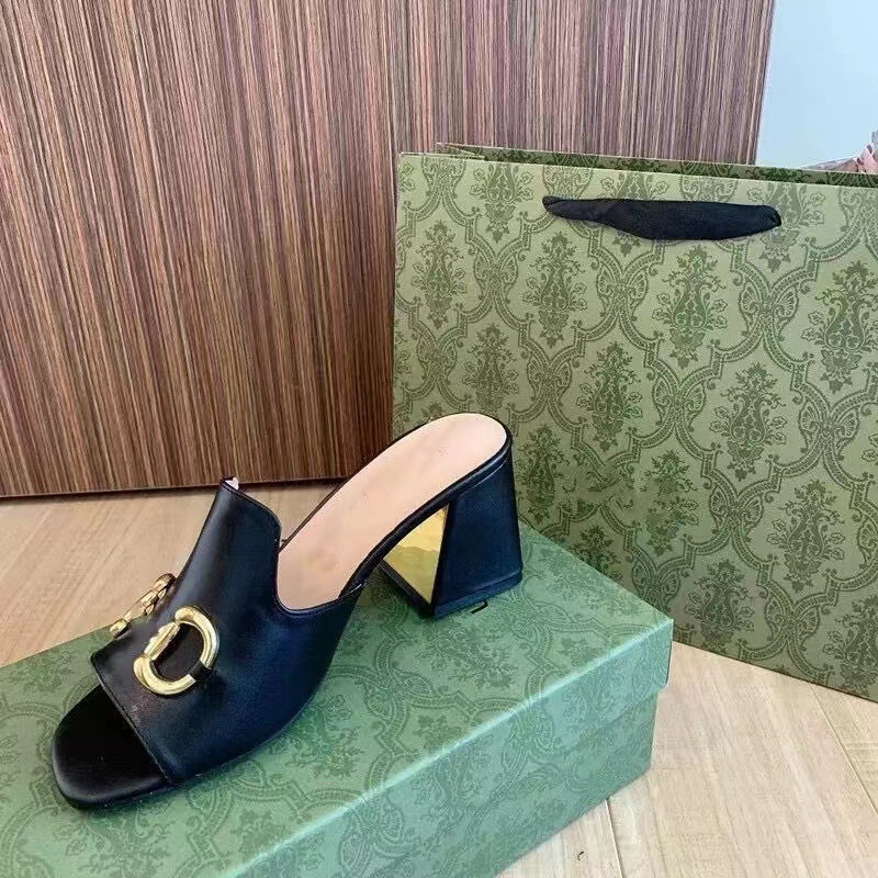 2025 Summer Square Head Sandals G Family Horse Buckle Candy Color Foreign Trade Slippers for Outer Wear Metal Thick Heel Slippers