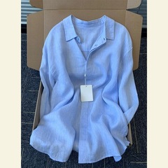 今年流行の美しいトップス、個性的でユニークなフレンチスタイル、大人っぽいブルーのポロ襟長袖シャツ、女性用秋物