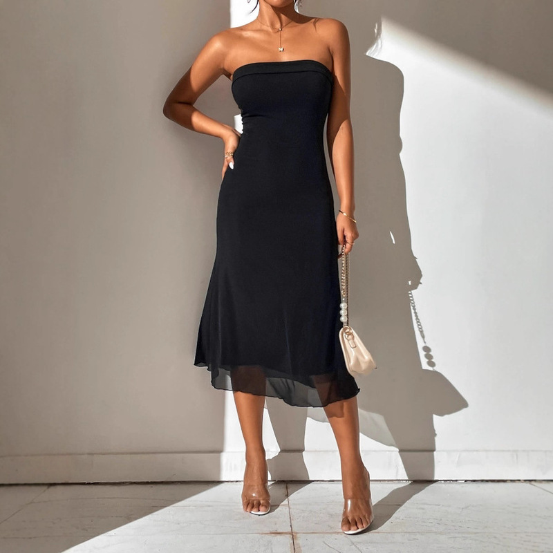 2025 European and American Cross-Border New Style Elegant Solid Color Strapless Fishtail Dress Slim Fit Mid-Length Tube Dress