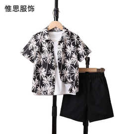 夏季男童衬衫短裤两件套夏威夷短袖花衬衫中大童沙滩套装外贸热销