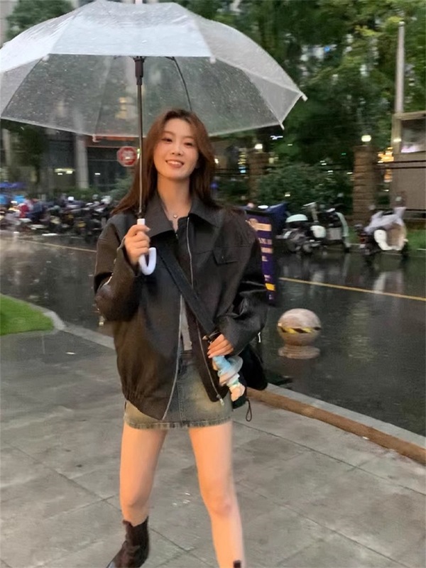 复古美式咖色皮衣夹克外套女夏季黑色甜酷风机车PU皮宽松长袖上衣|undefined