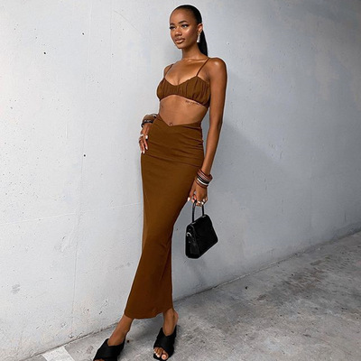 Europe and America Women's wear Amazon Spring and summer Explosive money fold camisole vest Package hip Split ends longuette Two piece set Set Women