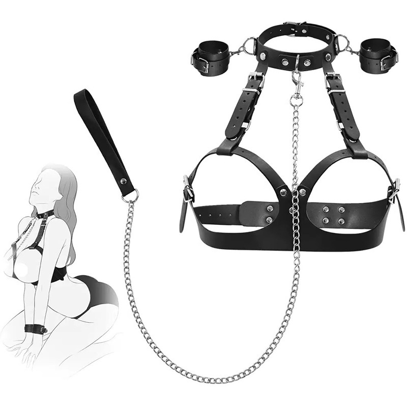 Sm Leather Sex Props Chain Traction Leather Bra Adjustable Removable Bra Intimates Restraint Handcuffs Bra