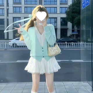 韩系薄荷拼接两件针织开衫2026针织衫春季新款毛衣外套上衣冰丝