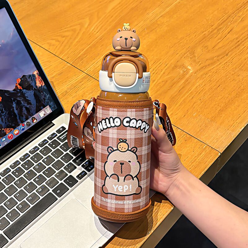 かわいいカピバラチェック柄魔法瓶カップセットデザインロック調節可能なカップロープポータブルワンカップダブルドリンクカップ|undefined