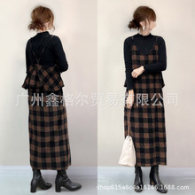 原单现货 2025春秋新款时尚气质吊带拼接灯芯绒格纹连衣裙