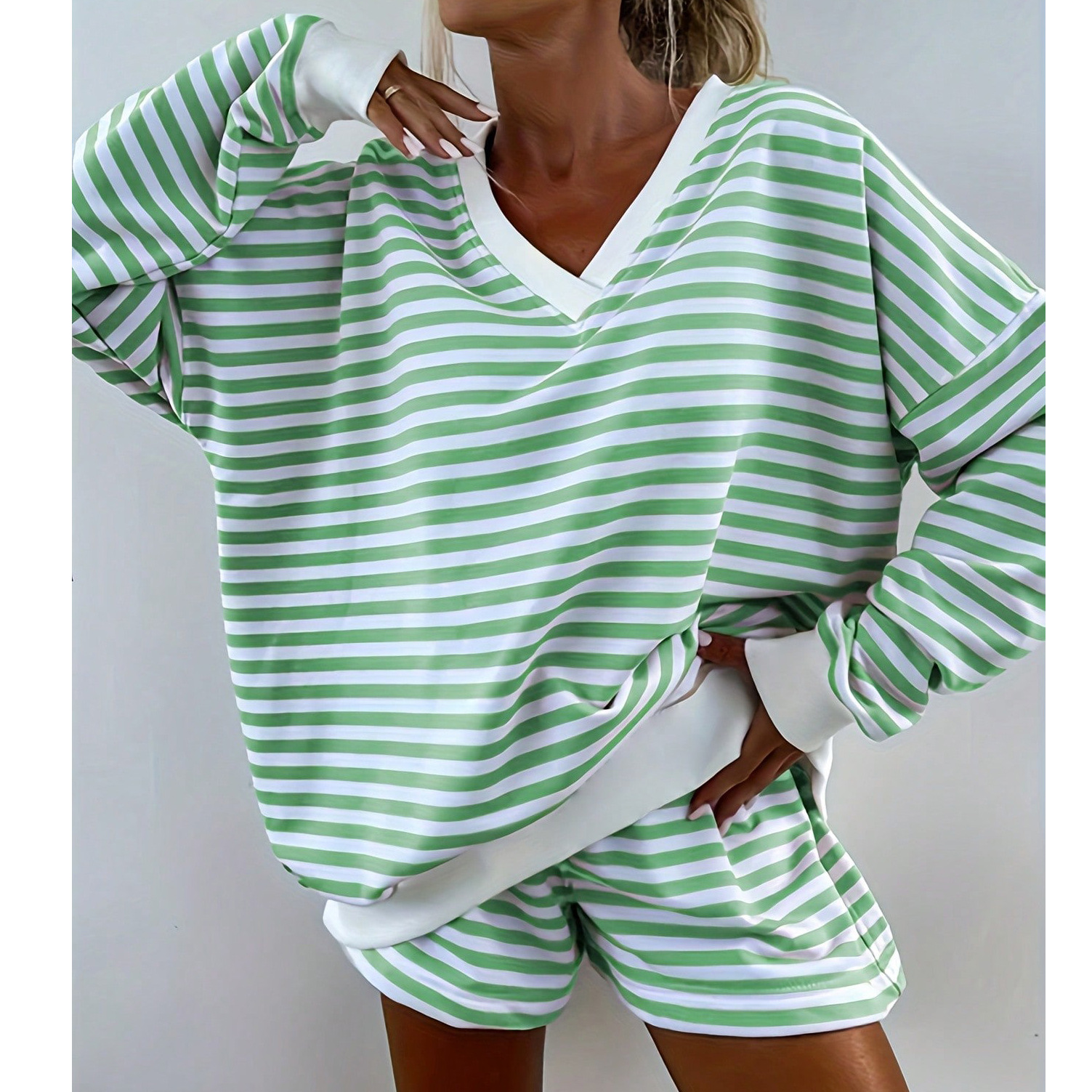 Cross-Border European and American Style Ins Striped Home Pajamas Set for Women, V-Neck, Multi-Color, Long-Sleeved Shorts, Casual Wear