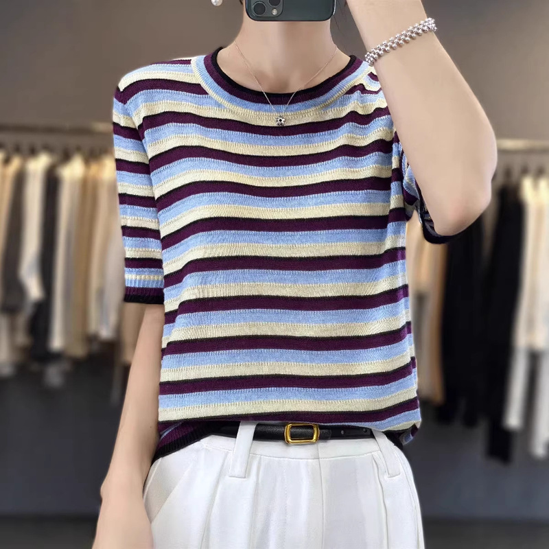 2026 Spring/Summer Fine-Spun Wool Blueberry Purple Striped Short-Sleeve Women's Versatile Stylish Knit Top with a Fashionable Striped Design
