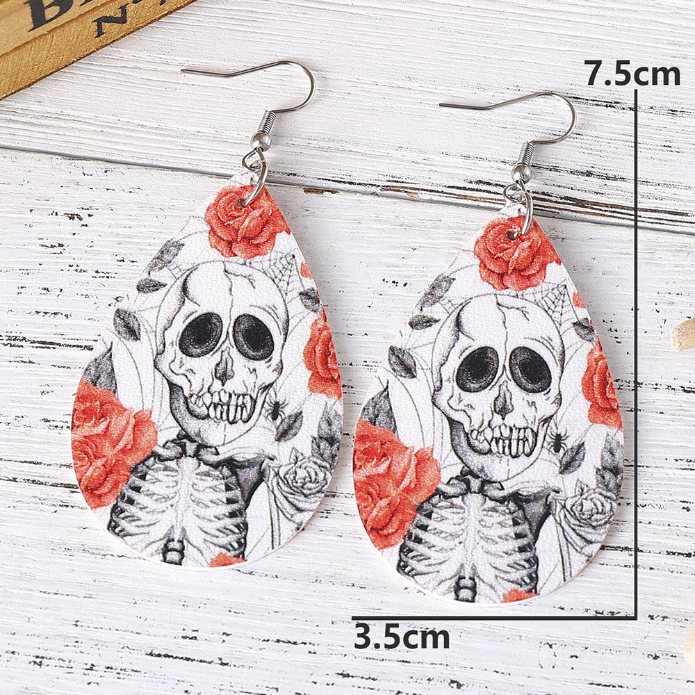 1 Pair Punk Water Droplets Skull Stainless Steel Pu Leather Earrings display picture 5