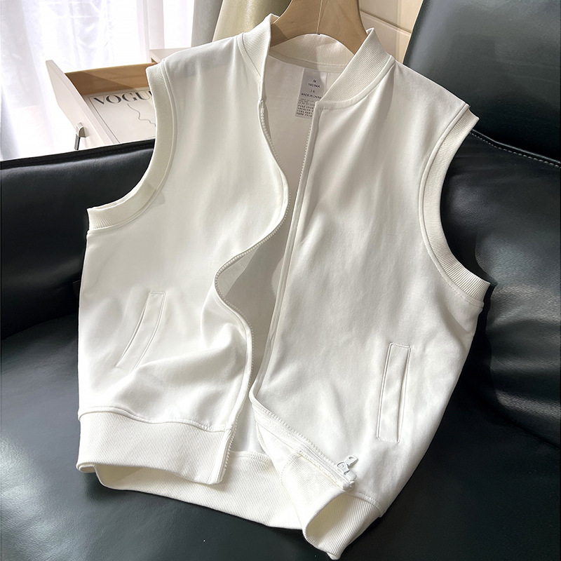 Stand Collar Vest Jacket Women's Spring and Summer New Pure Color Casual Sports Loose Stand Collar Vest Zipper Sweatshirt Early Autumn