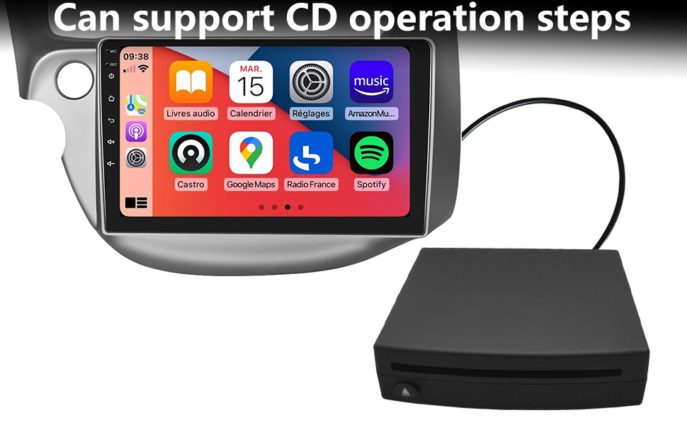 In-car CD player with USB connection, external CD player with FM transmitter and AUX output box