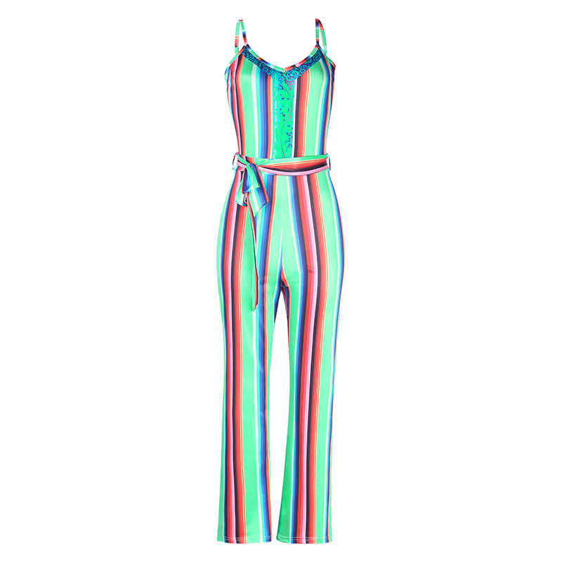 color stripe printing halter high waist lace-up jumpsuit nihaostyles clothing wholesale NSZH80671