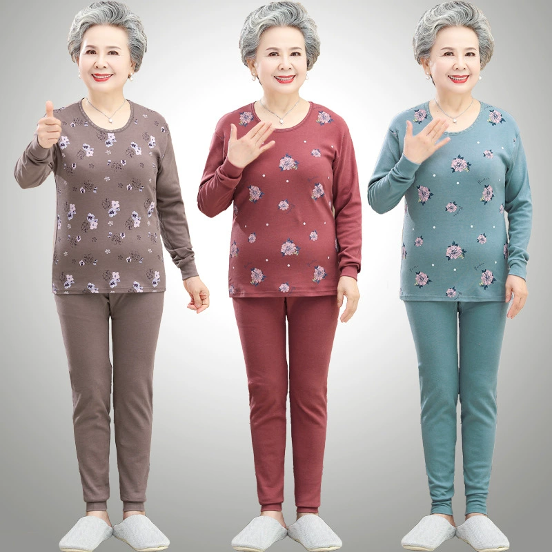 Осенняя одежда с низким воротником для среднего и пожилого возраста, длинные брюки, костюм, женский хлопковый свитер для пожилых людей, хлопковое термобелье для пожилых людей