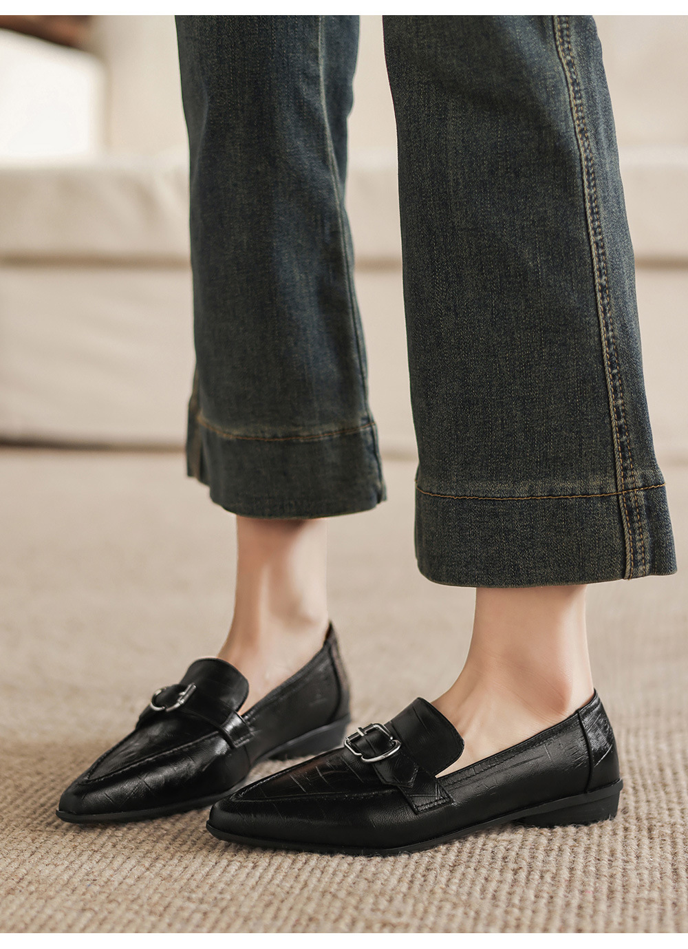 Giày loafer nữ phong cách Anh quốc, mũi sâu, gót thấp vuông, da bò — màu nâu chi tiết 19