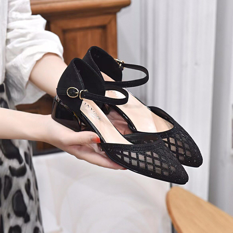 Sandal bít mũi lưới nữ gót thấp mũi nhọn thời trang rỗng khí chất — Màu đen