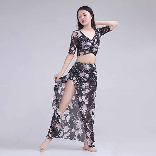 New Spring and Summer Belly Dance Printed Floral Practice Clothing Suit Large Size Slimming Oriental Dance Performance Outfit