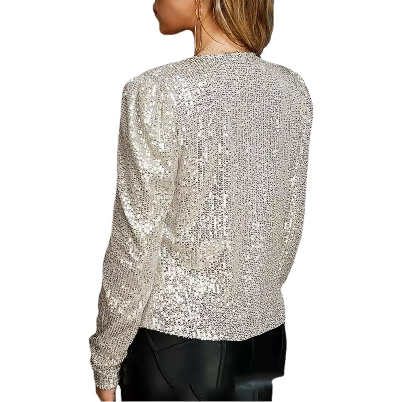 2025 primavera transfronteriza nueva moda femenina europea y americana cuello alto a juego chaqueta de lentejuelas chaqueta corta casual de todo fósforo image 1