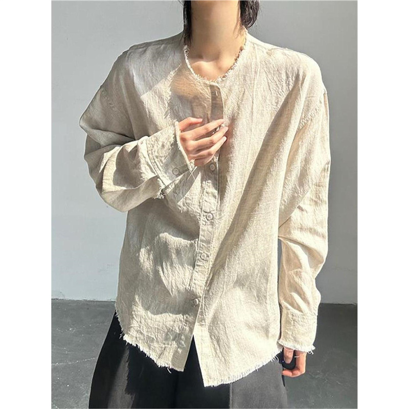 Japanese Retro Old Money Style Frayed Cotton and Linen Shirt for Men, Spring and Autumn, High-End Lazy Style Long-Sleeved Shirt, Sun Protection Jacket