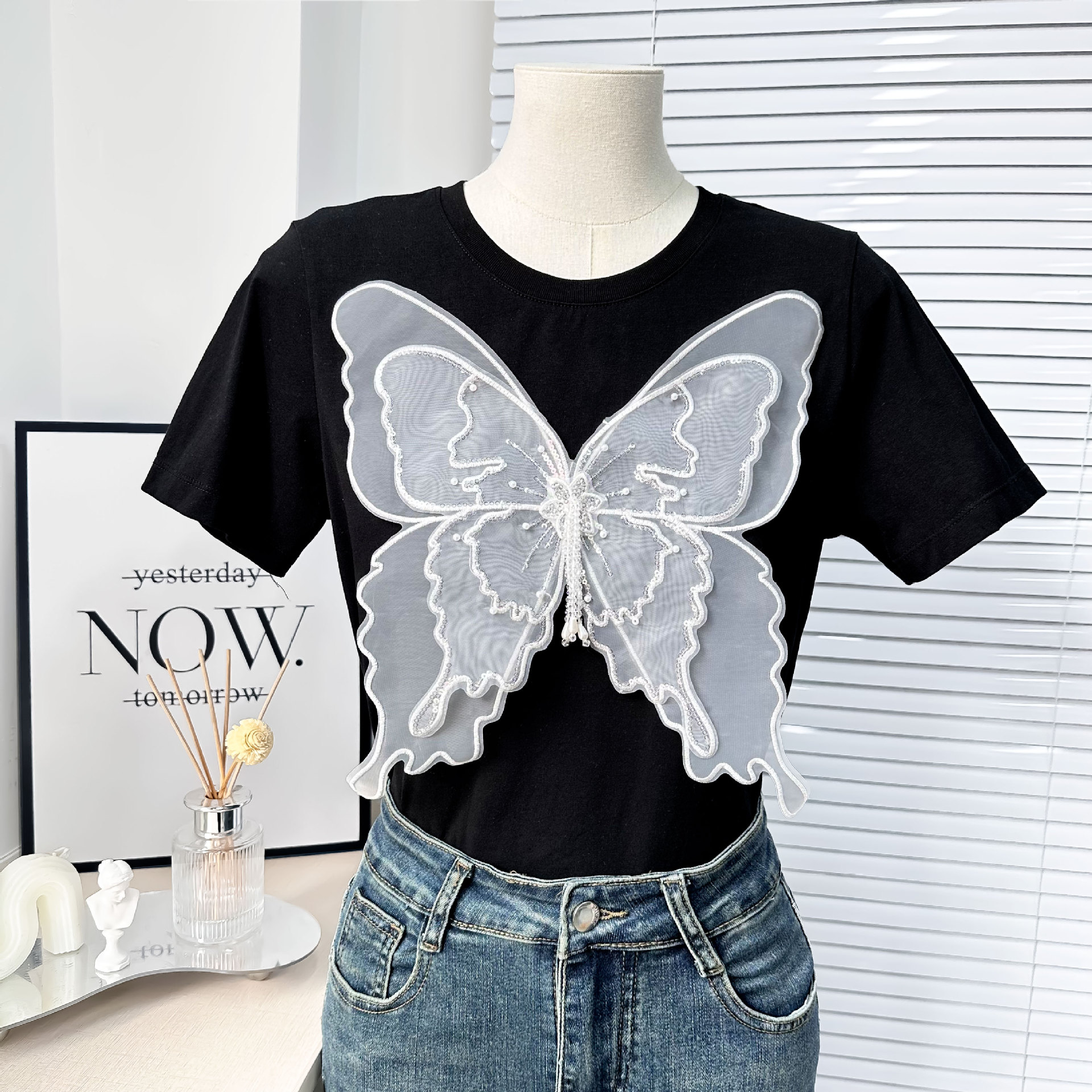 Verano nuevo tres capas de ergena sexy encaje mariposa decoración tela pegada vestido de mujer pijama accesorios de decoración