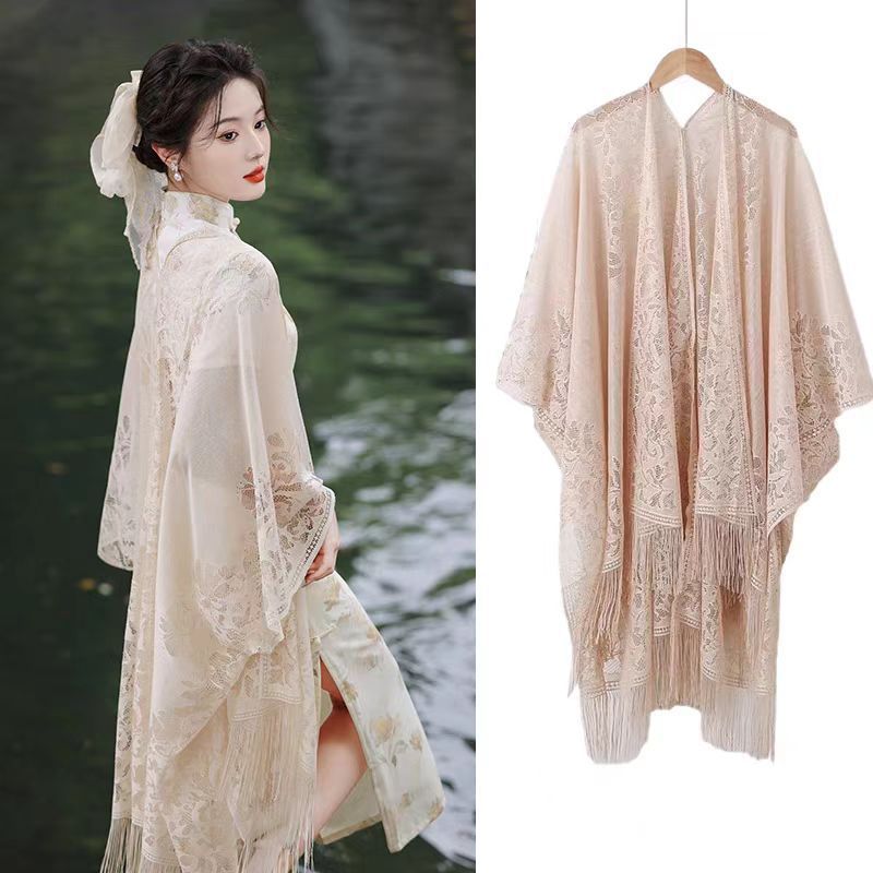 Summer Chinese-Style Retro Versatile Thin Sun-Protective Shawl with Hollow-Out Tassels, Outerwear for Pairing with Cheongsam, Cardigan, or Cape