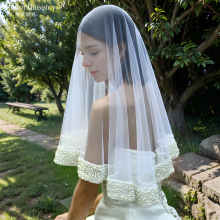 曼真 法式加密钉珠蕾丝边头纱新娘主婚纱单层结婚高级感盖头M55