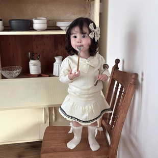 Spring and summer Cutemily ins girls and children's college style pullover sweater women's treasure bow tie top + trouser skirt 2-piece set