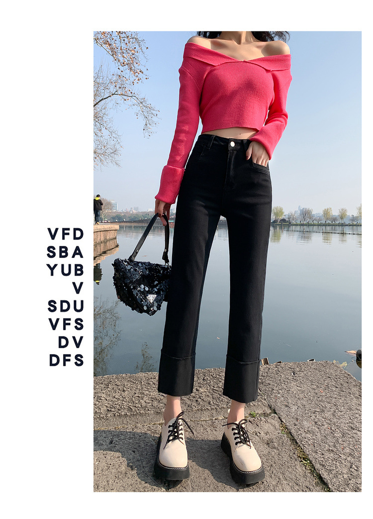 HEY+JEANS韩系翻边直筒裤女2023春季十三行高腰显瘦法棍九分裤详情36