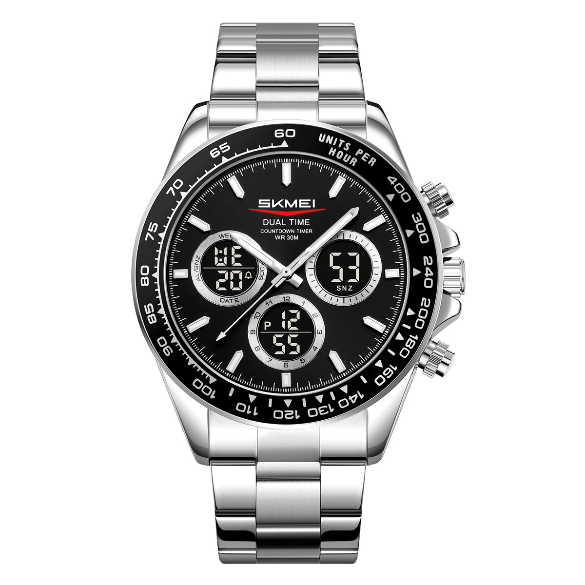 Momento de belleza hombre reloj de correa de acero plateado de negocios reloj deportivo multifuncional nocturna impermeable reloj de hombre al por mayor transfronterizo