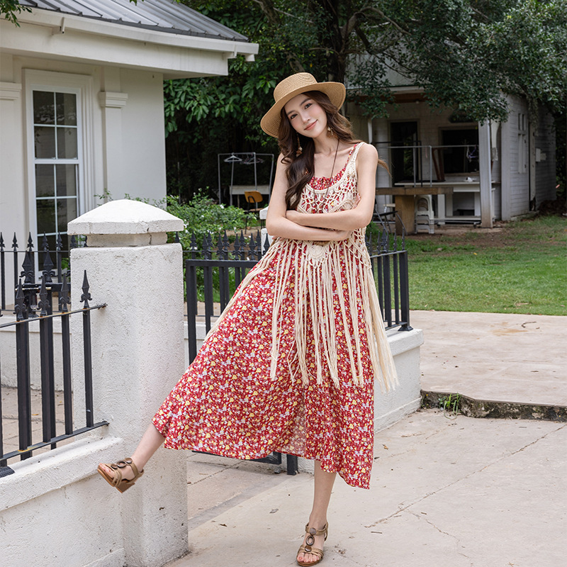 Beach Dress for Women, Seaside Vacation, Sanya, French-Style Floral Spaghetti Strap Dress, Long Slimming Dress, Summer Maternity Long Dress