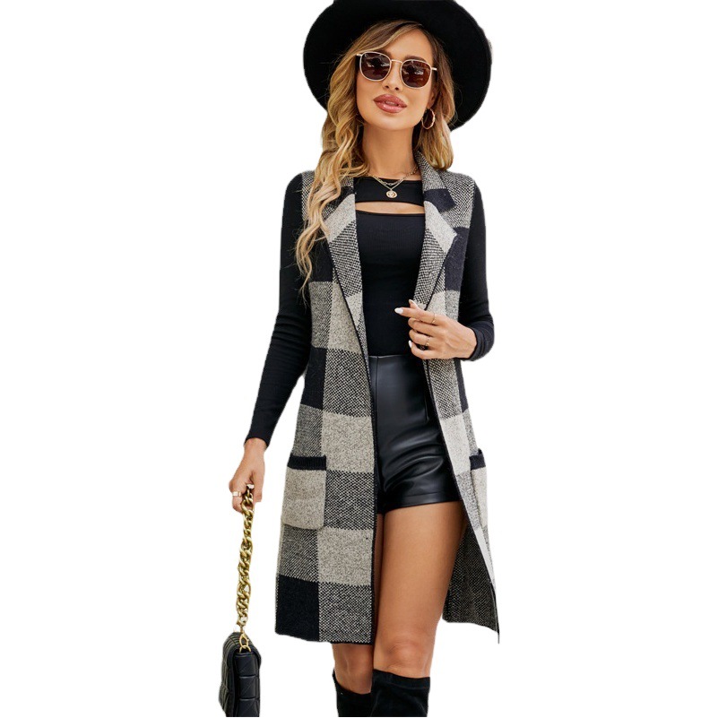 Cross-border popular de las mujeres de traje largo cuello suéter sin mangas de la capa de Plaid Jacquard de punto chaleco cardigan exterior image 1