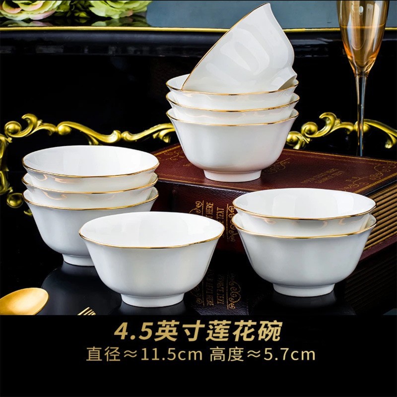 Venta directa de fábrica de cerámica Jingdezhen Porcelana de hueso para el hogar Tazón de arroz anti-escaldado Tazón de fideos Plato de arroz Plato de verduras Combinación de vajilla al por mayor