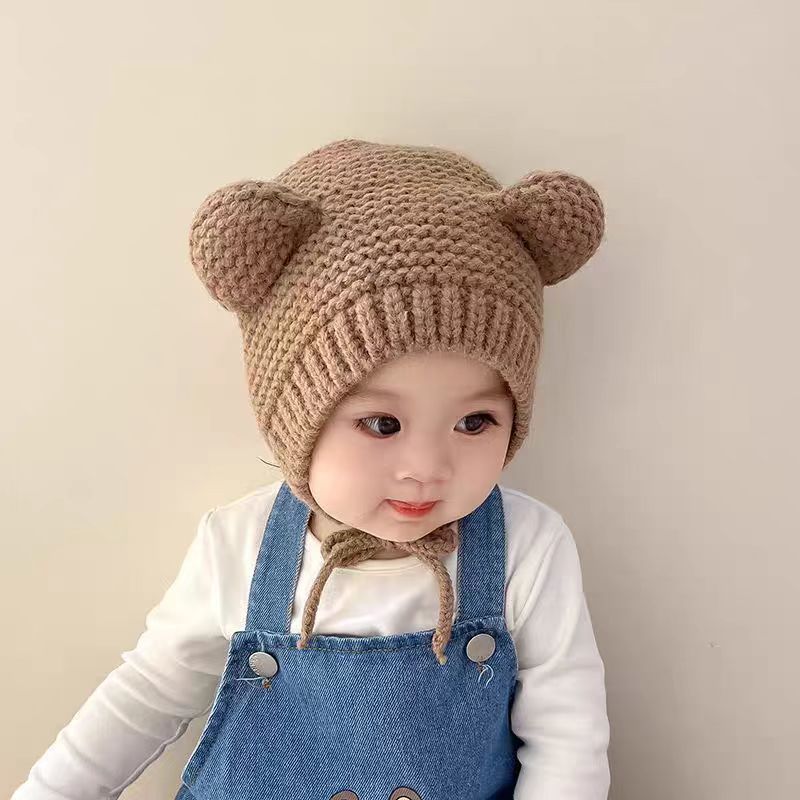 ベビー帽子秋と冬暖かいウール帽子かわいい赤ちゃん男の子と女の子クマ耳保護冬耳保護ニット帽子|undefined
