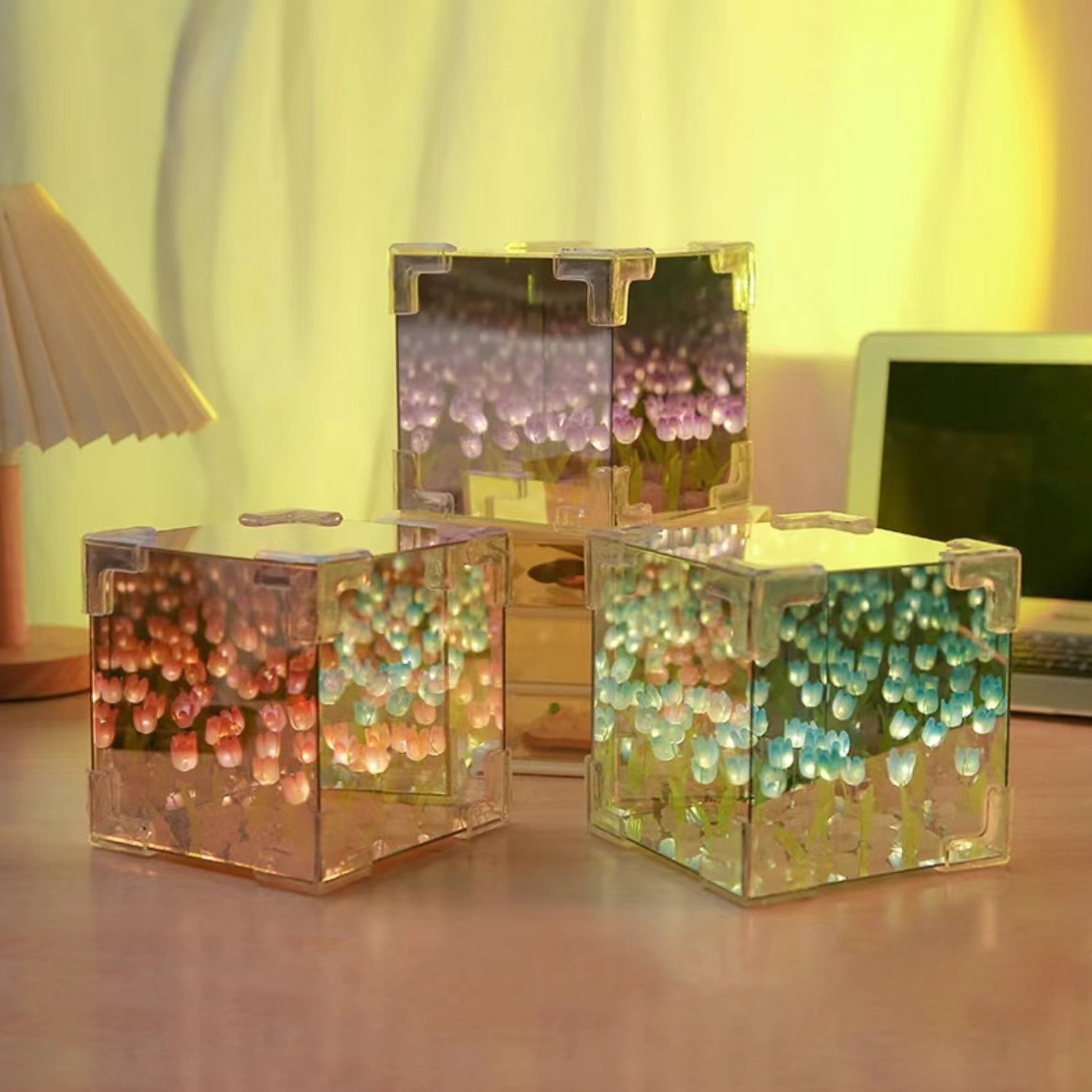 Handmade DIY Tulip Night Light Cube Material Kit Birthday Valentine's Day Gift for Girlfriend Bedside Lamp