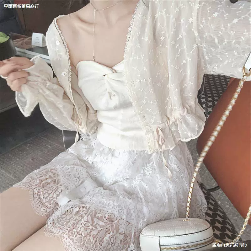 Супер сказочная кружевная шаль, летний верхний кардиган с юбкой на подтяжках, тонкое пальто, универсальный короткий стиль.