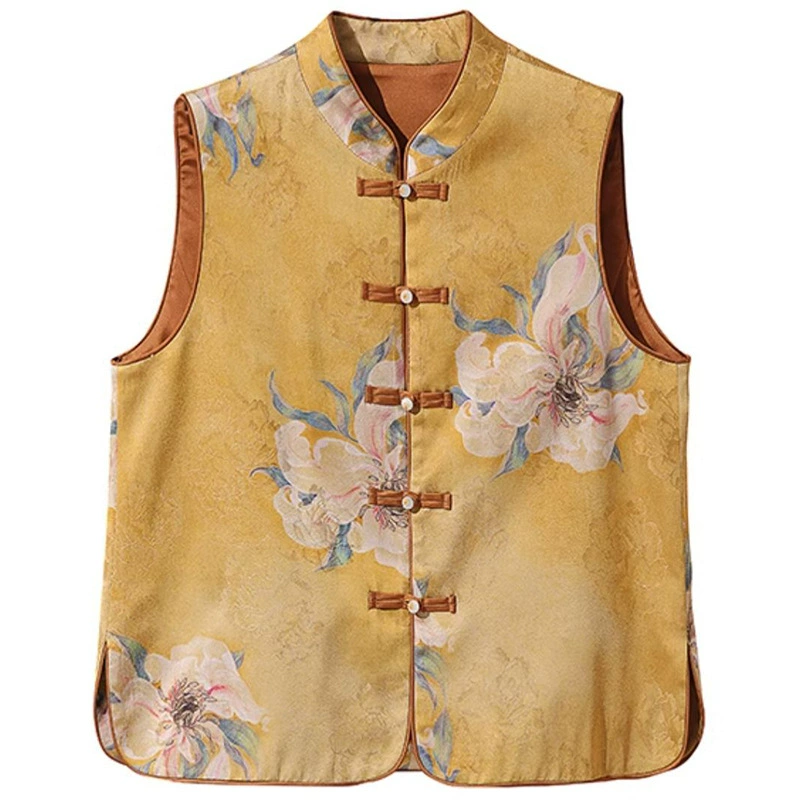 Новый жилет с пряжкой в ​​китайском стиле в национальном стиле для женщин, весна 2025, новый жаккардовый жилет в стиле ретро, ​​топ