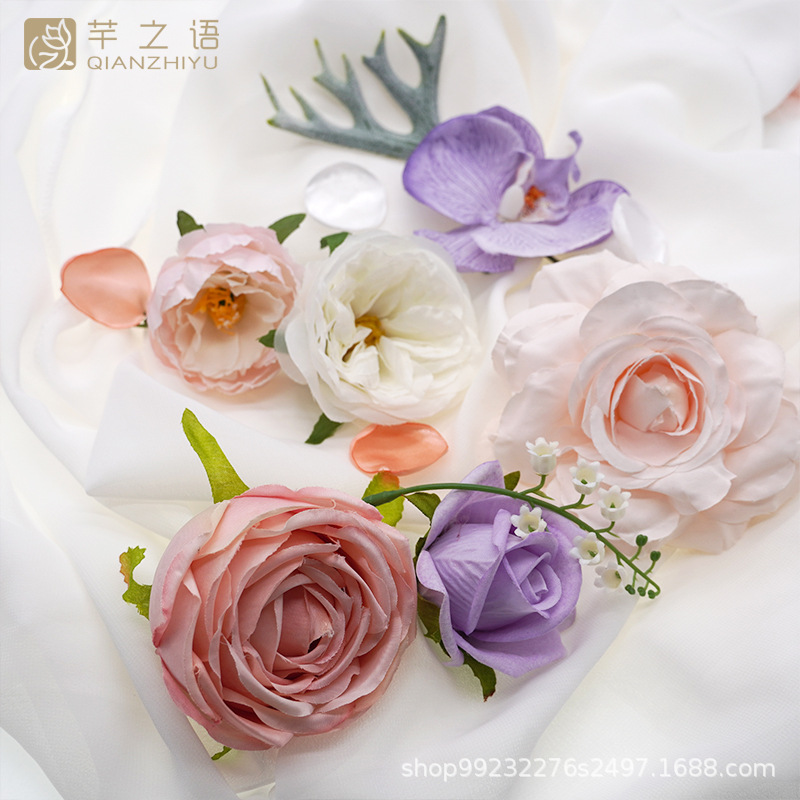 亚马逊热销仿真绢花礼盒活动订婚婚礼用品清新紫色韩式玫瑰手捧