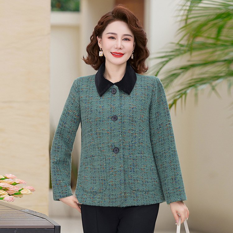 中年妈妈春装洋气小香风格子外套中老年女装春秋翻领短款西装上衣|undefined
